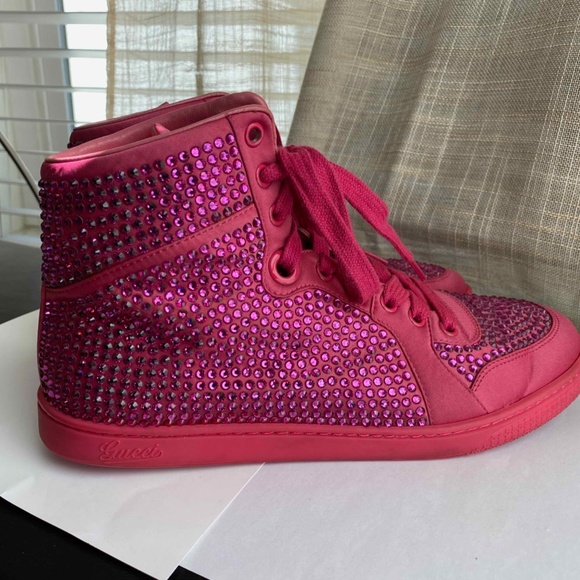 GUCCI PINK FUSCHIA LEATHER FAUX DIAMOND ACCENT LACED HI-CUT SNEAKERS RUBBER 37-7 - Picture 7 of 10